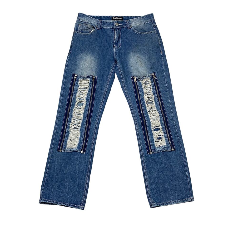 Imperious Distressed Zip Straight Relaxed Jeans Men's 34x32 y2k